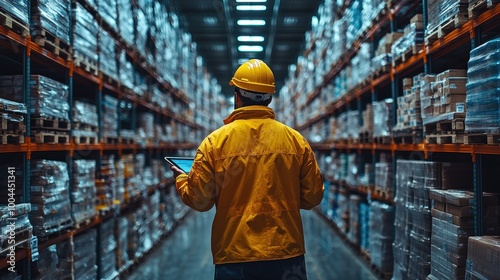 Worker in a warehouse using a tablet among stacked pallets.