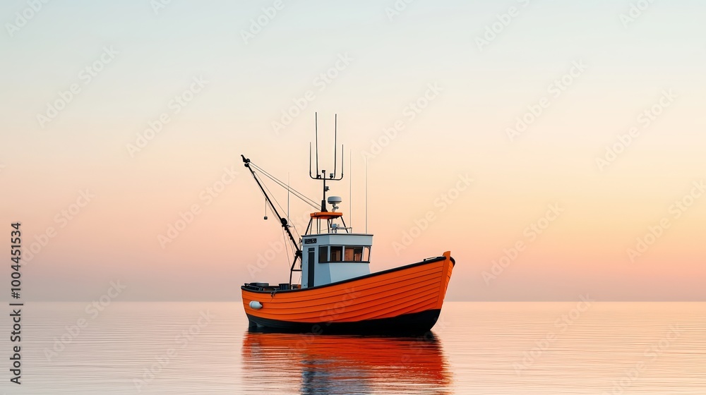 Fishing boat on calm water at sunset, vibrant orange hull, serene atmosphere Fishing boat on calm water at sunset, vibrant orange hull, serene atmosphere