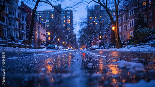 Wallpaper Mural A beautifully captured urban winter scene featuring snow-covered streets and tall buildings illuminated by warm streetlights during twilight Torontodigital.ca
