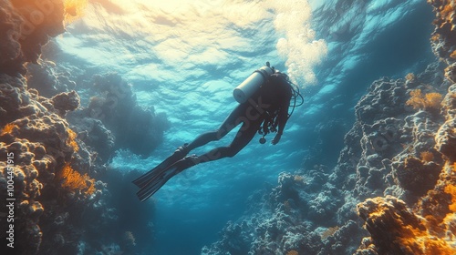 Scuba Diver Exploring Underwater Coral Reef