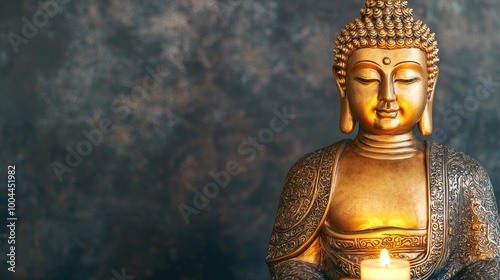 Golden Buddha statue with candle on textured background.