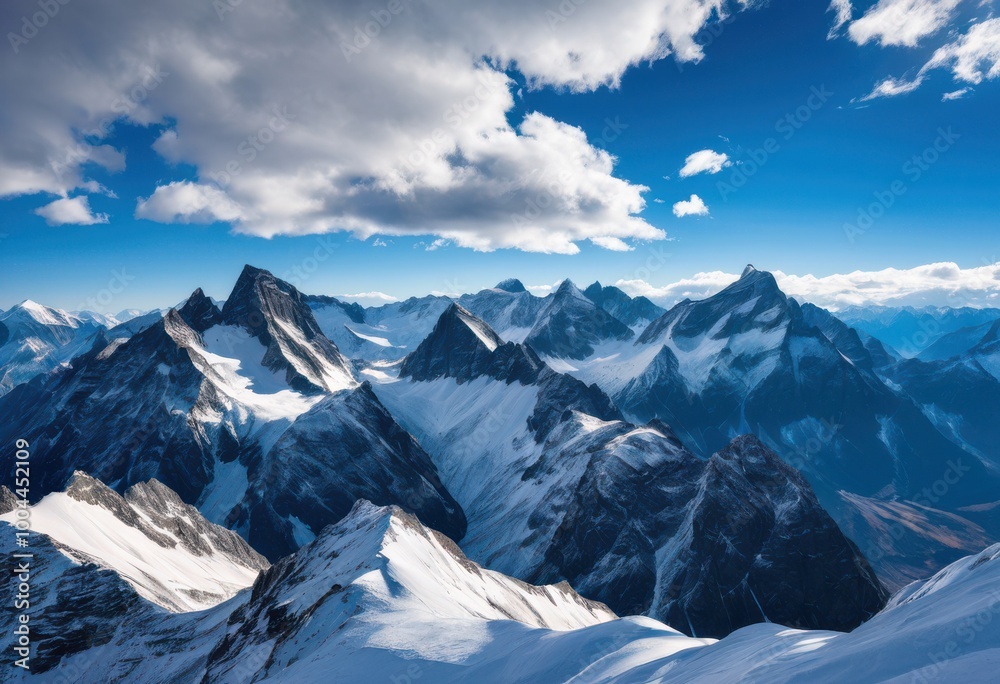 Fototapeta premium majestic mountain peaks surrounded dynamic cloud patterns illuminated beautiful sunlight under vibrant blue sky, altitude, landscape, summit, view, panorama