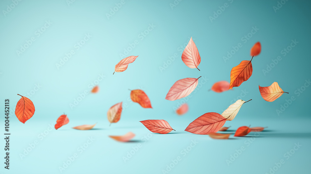 Creative autumn leaves dance in strong wind in the studio against a soft blue monochrome background Creative autumn leaves dance in strong wind in the studio against a soft blue monochrome background