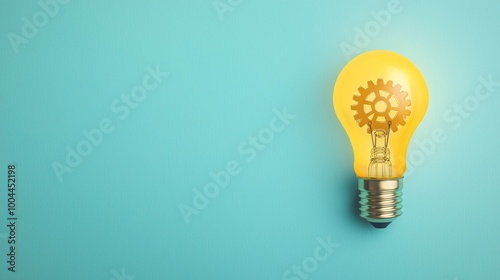 Light bulb with a gear symbol, representing innovation, on a teal background.