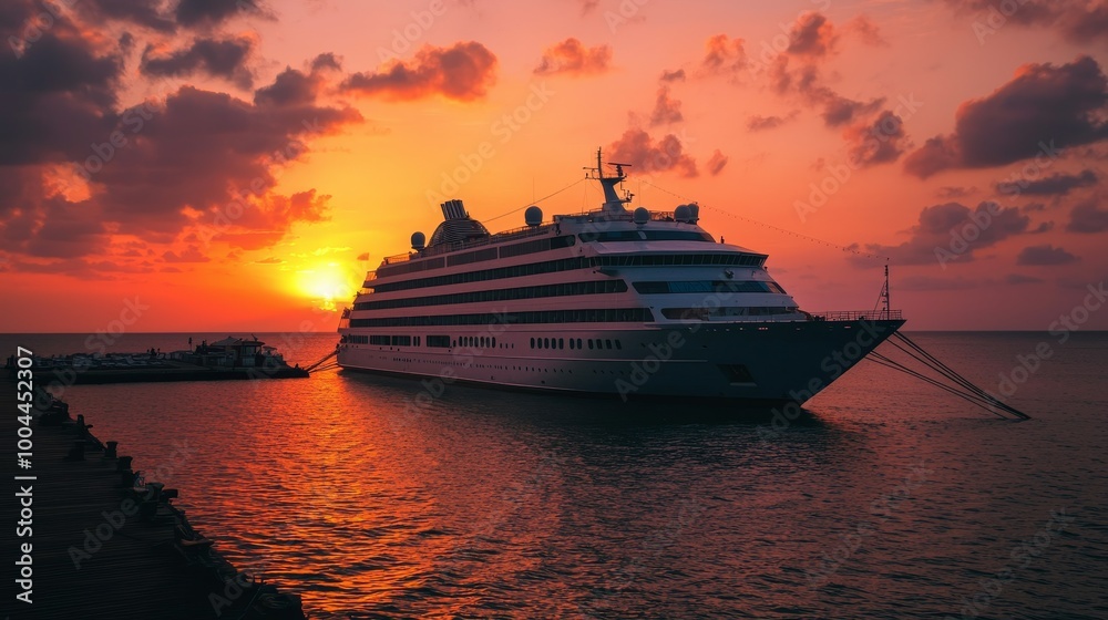 Luxury cruise ship docked at sunset, vibrant sky with clouds, tranquil water scene. Luxury cruise ship docked at sunset, vibrant sky with clouds, tranquil water scene.