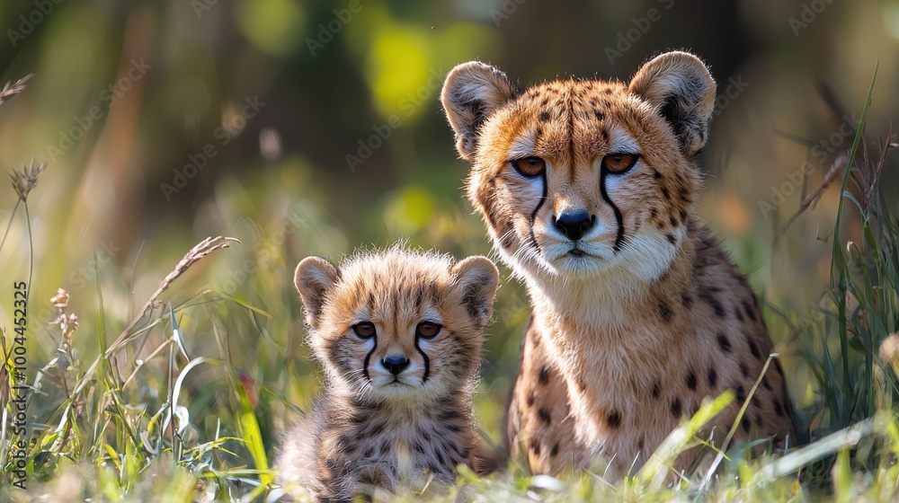 A mother cheetah watches over her playful cub in the tall grass during a sunny afternoon in the savanna A mother cheetah watches over her playful cub in the tall grass during a sunny afternoon in the savanna