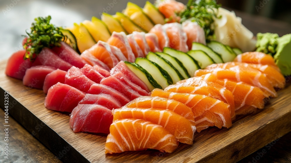 A beautifully arranged platter of fresh sashimi, featuring vibrant slices of salmon, tuna, and yellowtail, garnished with wasabi and pickled ginger on a wooden board. A beautifully arranged platter of fresh sashimi, featuring vibrant slices of salmon, tuna, and yellowtail, garnished with wasabi and pickled ginger on a wooden board.