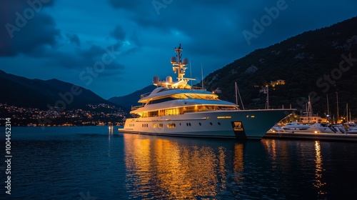 Luxury yacht illuminated at dusk in tranquil harbor.