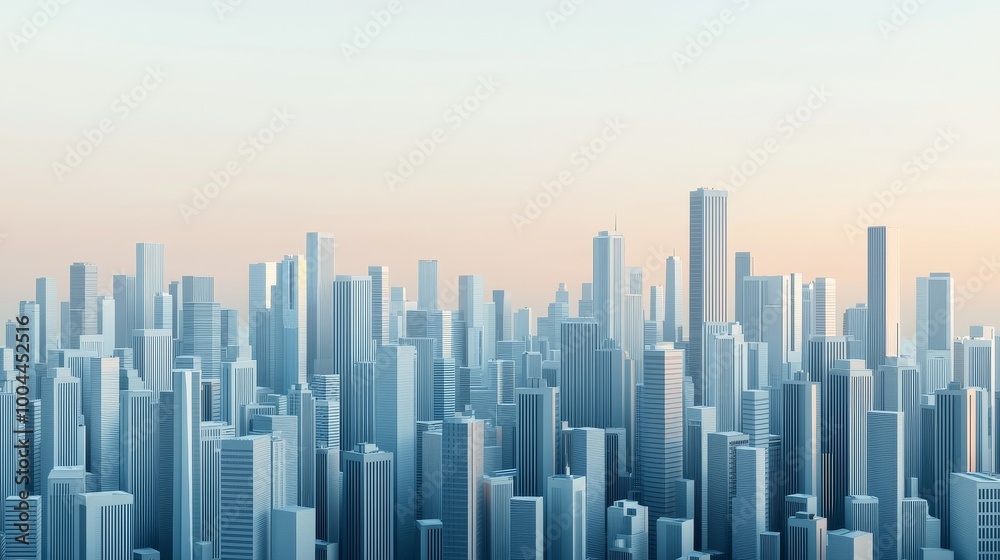 Modern city skyline with skyscrapers under a soft pastel sky. Modern city skyline with skyscrapers under a soft pastel sky.
