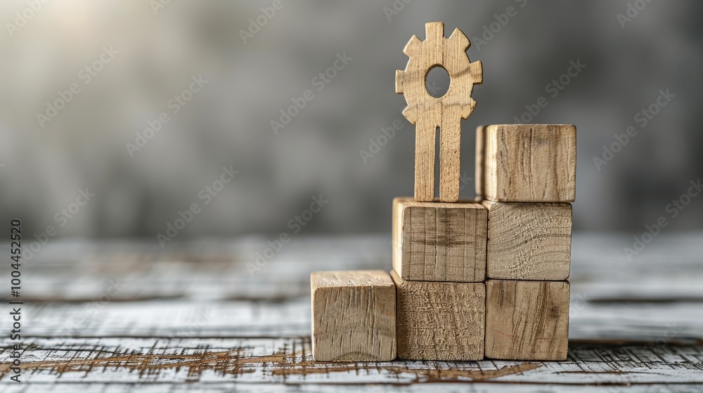Obraz premium Wooden gear figure standing on top of wooden blocks, symbolizing leadership, business process, teamwork. Represents growth, planning, professional development in corporate settings.