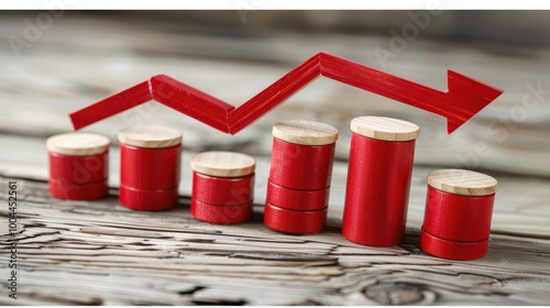 Red wooden blocks in ascending order topped by red arrow pointing downward. Represents decline or loss in business growth or performance. Visualizes challenges or downturns in business strategy.