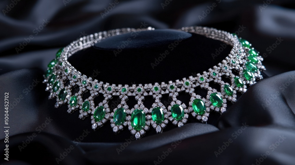Fototapeta premium The necklace features a delicate arrangement of vibrant emeralds and brilliant diamonds, reflecting luxury and elegance against a black satin backdrop