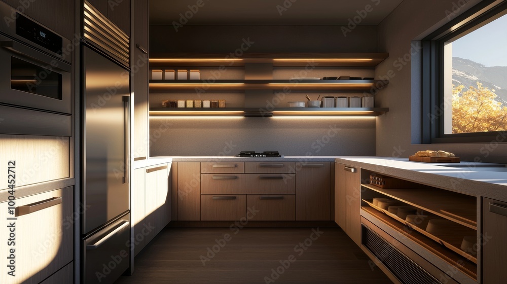 Fototapeta premium Modern kitchen interior with wooden shelves and sleek appliances, natural light flowing in.