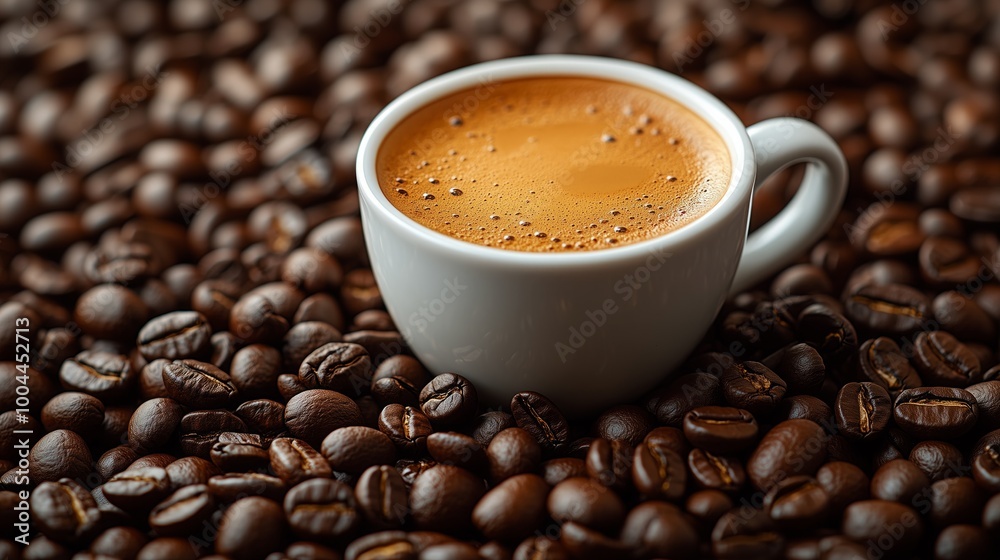 A cup of coffee and a pile of coffee beans. A cup of coffee and a pile of coffee beans.