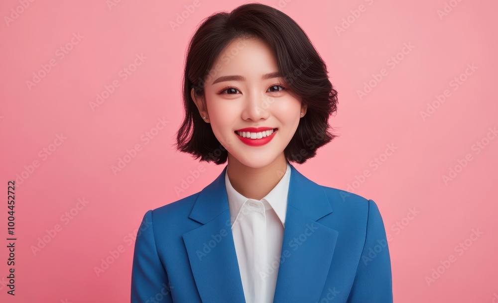 young Japanese woman in business attire stands with confidence against a pastel pink background, her posture and expression emphasizing a balance of professionalism. young Japanese woman in business attire stands with confidence against a pastel pink background, her posture and expression emphasizing a balance of professionalism.