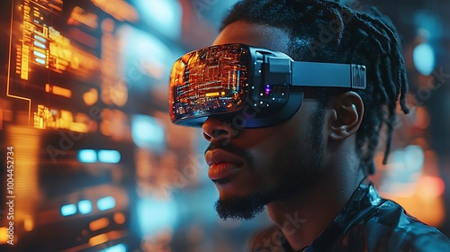 Young african american man using virtual reality headset photo