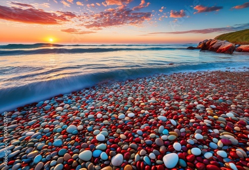 tranquil seascape featuring gentle waves lapping colorful pebble strewn shores under clear blue sky, beach, coastline, pebbles, stones, water, horizon photo