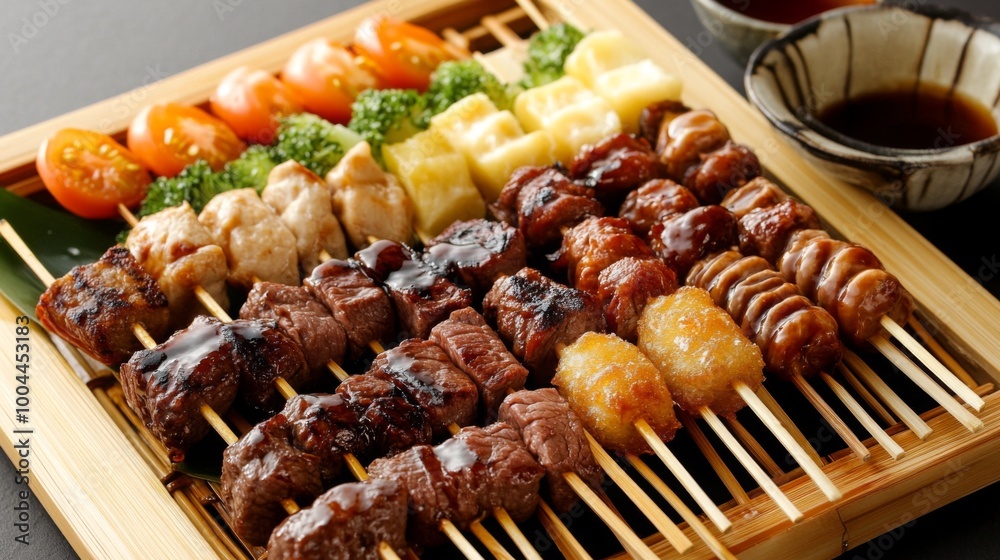 A beautifully arranged platter of kushikatsu skewers on a bamboo mat, including beef, pork, and vegetables, drizzled with sauce and served alongside fresh dipping options.
