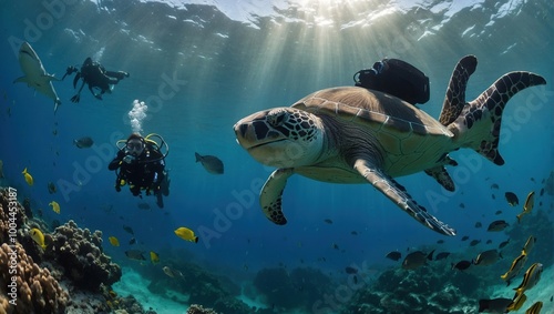 Shark swimming majestically past a diver in the dramatic depths of the underwater world