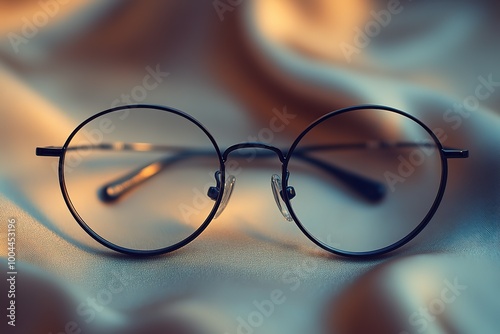 A pair of black eyeglasses are sitting on a table