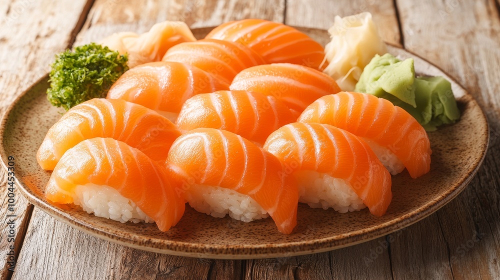 A beautifully arranged platter of salmon sushi, featuring vibrant orange salmon slices atop perfectly shaped rice balls, garnished with wasabi and pickled ginger, set against a wooden background.