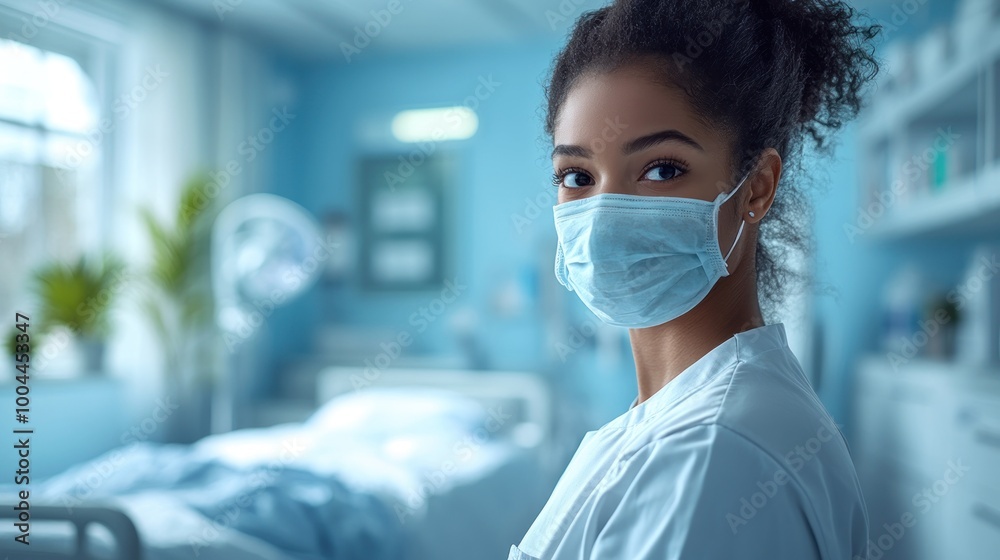 Healthcare professional in a hospital setting wearing a mask. Healthcare professional in a hospital setting wearing a mask.