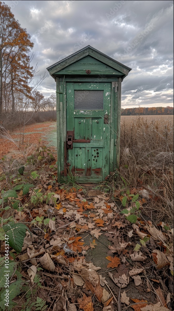 A weather-beaten, green wooden shed stands alone in a rural, autumn field, surrounded by fallen leaves and dry prairie grass under a cloudy sky A weather-beaten, green wooden shed stands alone in a rural, autumn field, surrounded by fallen leaves and dry prairie grass under a cloudy sky