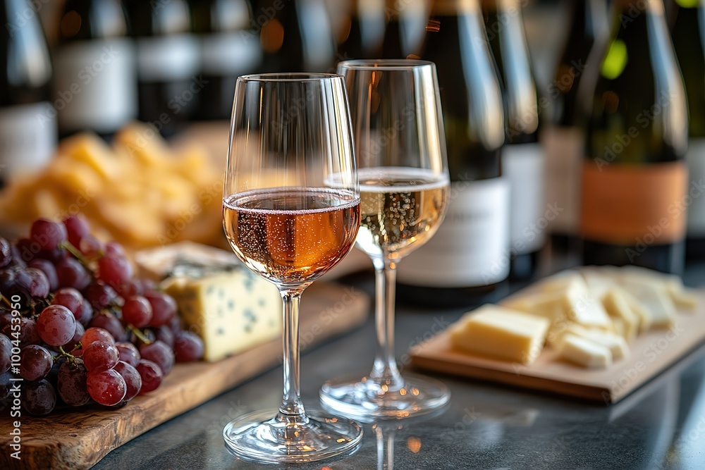Naklejka premium Two wine glasses filled with wine sit on a table next to a cheese board