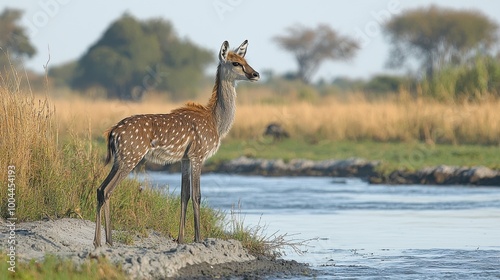 A young spotted deer stands gracefully by a serene riverbank in a tranquil landscape during golden hour