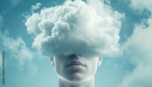 Surreal Concept Art: A Cloud In A Man'S Mind Representing Psychology, Problem-Solving, And Brain Function. 3d Illustration With Conceptual Artwork Elements.