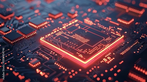 Close-up of a glowing microchip on a circuit board, showcasing intricate designs.