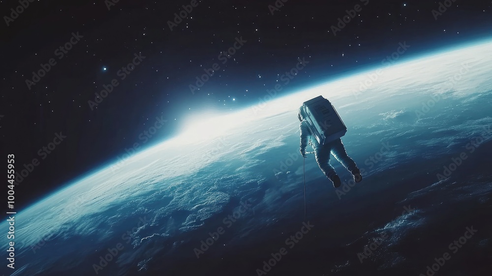 A lone astronaut floating in space, tethered to a spacecraft, with Earths surface visible far below, showcasing the vastness of space and the beauty of the planet.