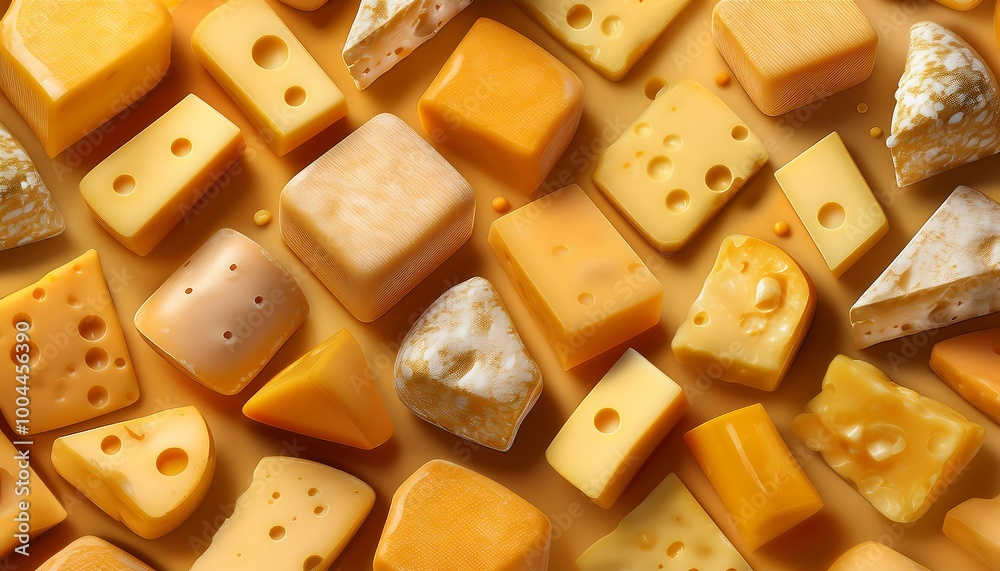 A seamless pattern showcasing multiple cheese textures in various shapes and sizes on a vibrant background. Generative AI A seamless pattern showcasing multiple cheese textures in various shapes and sizes on a vibrant background. Generative AI