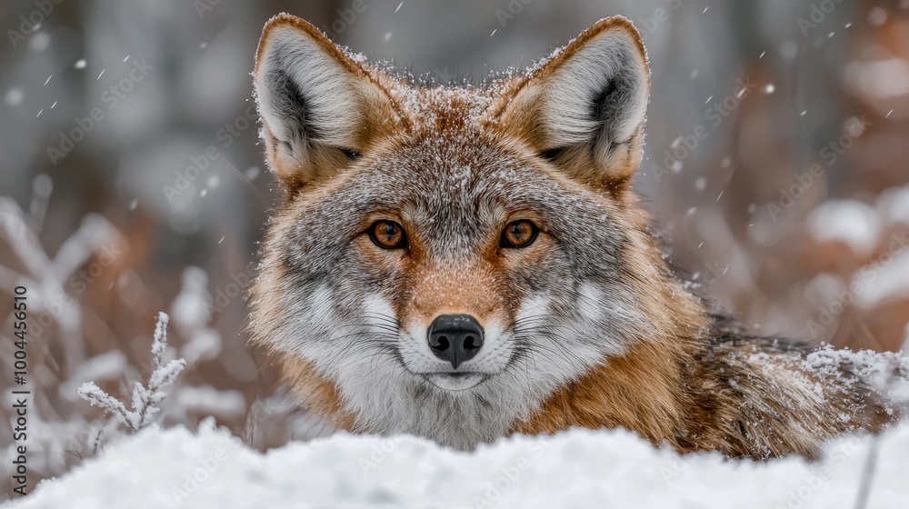 Obraz premium A coyote rests in the snow-covered landscape during a gentle snowfall in winter, showcasing its striking fur and keen gaze