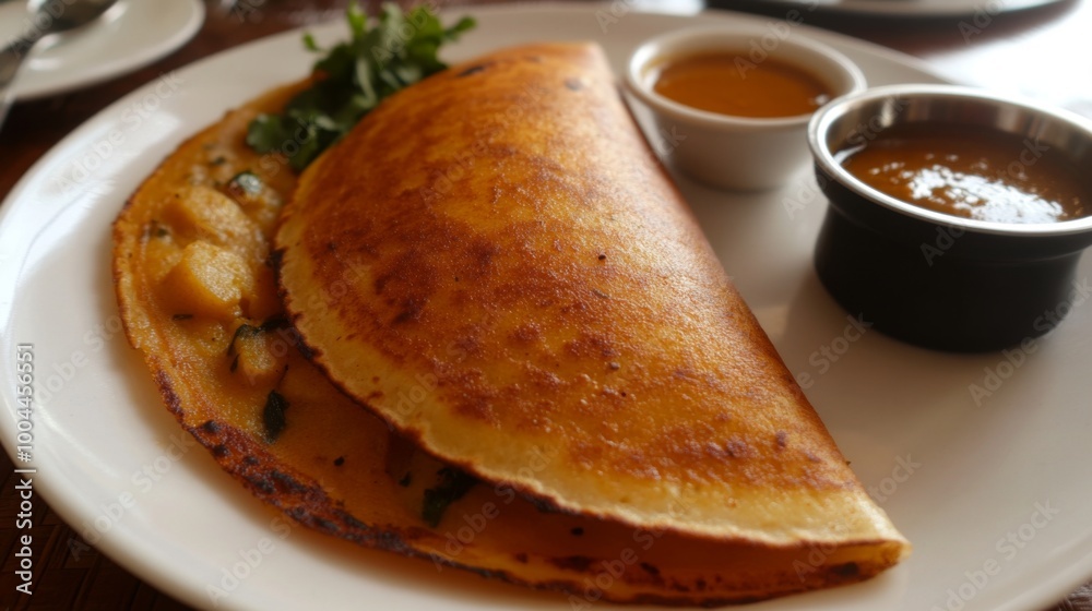 A beautifully plated dosa served golden brown and crispy, filled with spiced potato filling, accompanied by coconut chutney and sambar for a delicious Indian breakfast A beautifully plated dosa served golden brown and crispy, filled with spiced potato filling, accompanied by coconut chutney and sambar for a delicious Indian breakfast