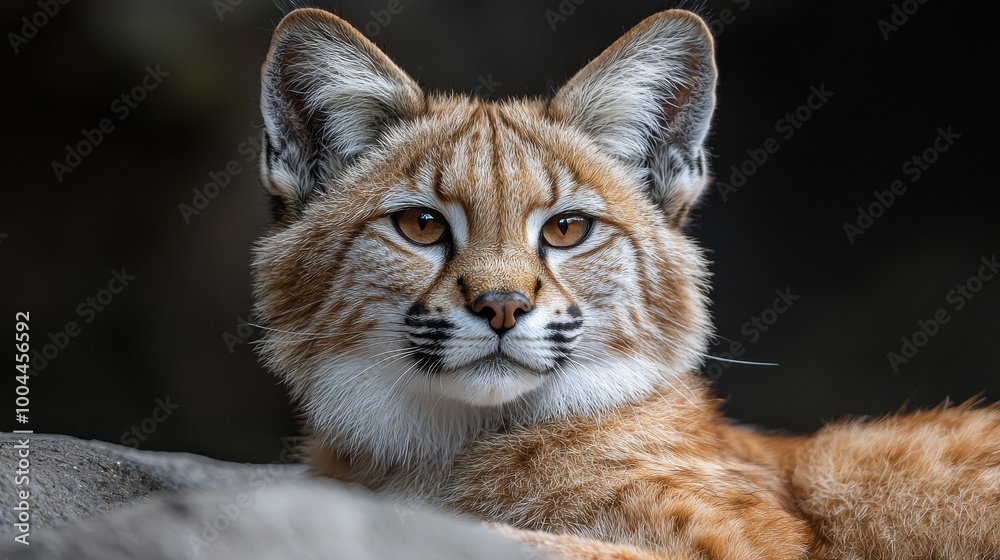 A close-up view of a lynx relaxing on a rock in a natural habitat during daylight hours A close-up view of a lynx relaxing on a rock in a natural habitat during daylight hours