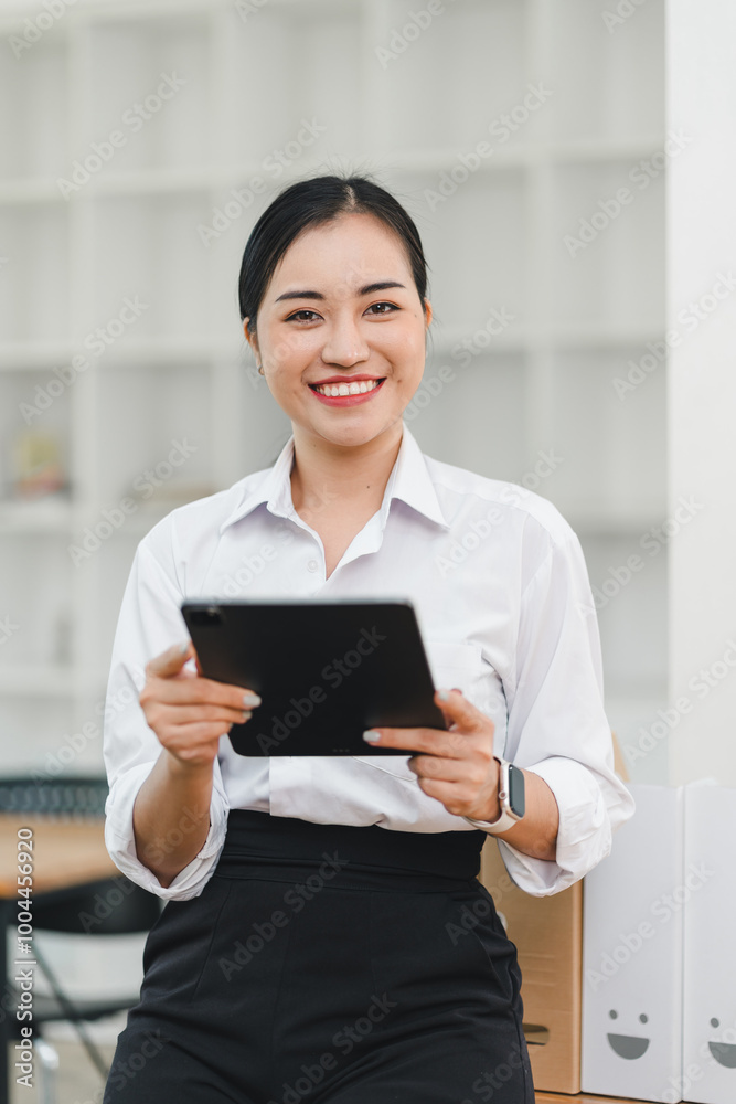 confident woman in white shirt and black pants smiles while holding tablet in modern office setting. Her positive demeanor reflects professionalism and approachability. confident woman in white shirt and black pants smiles while holding tablet in modern office setting. Her positive demeanor reflects professionalism and approachability.