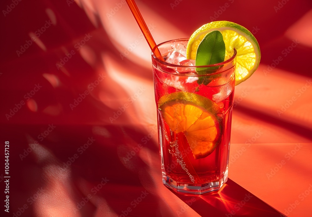 Refreshing Red Cocktail with Lime & Straw Refreshing Red Cocktail with Lime & Straw