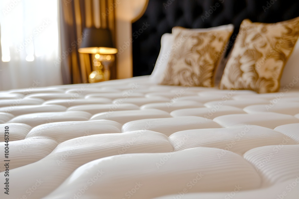 Fototapeta premium A neatly made mattress in a luxurious hotel suite with an elegant, gold-accented decor