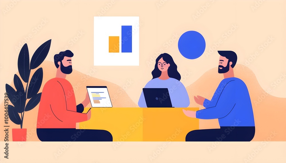A team of consultants in a vibrant, modern workspace, reviewing market research data on tablets and digital screens A team of consultants in a vibrant, modern workspace, reviewing market research data on tablets and digital screens