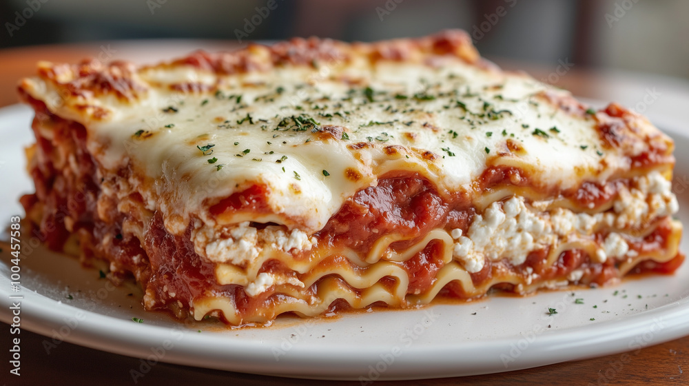 A delicious slice of lasagna showing layers of noodles, cheese filling, and tomato sauce, topped with melted cheese and sprinkled with herbs A delicious slice of lasagna showing layers of noodles, cheese filling, and tomato sauce, topped with melted cheese and sprinkled with herbs