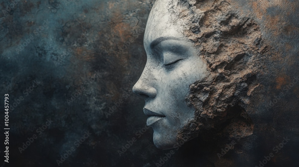 Womans profile blending with textured wall in art Womans profile blending with textured wall in art