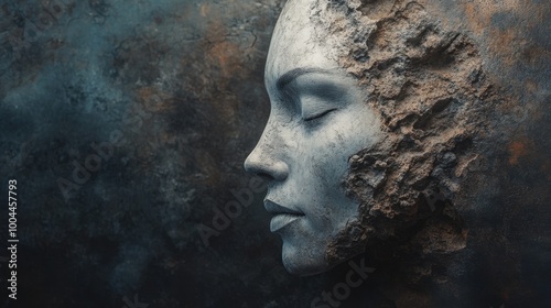 Womans profile blending with textured wall in art