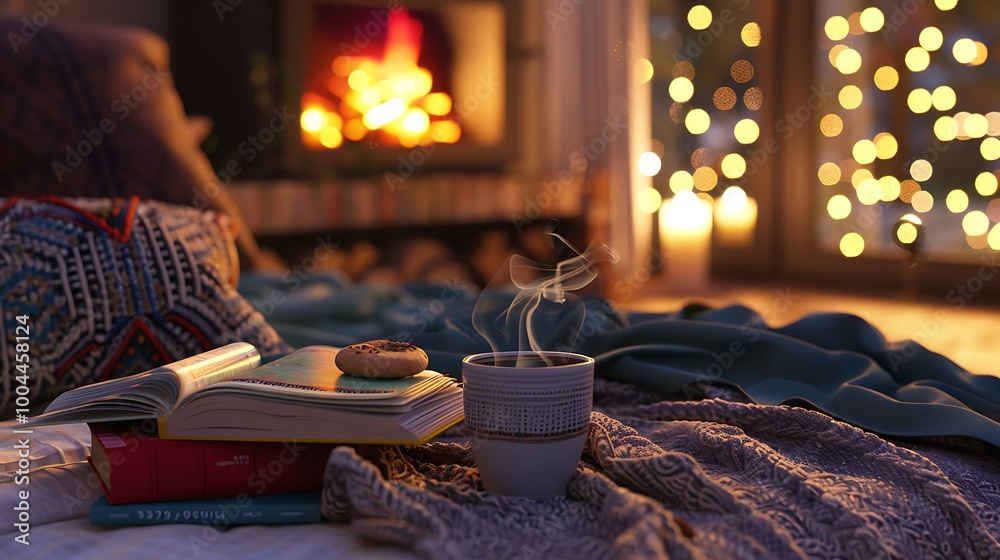 Obraz premium A cozy bedroom scene with coffee books and soft morning glow on bonfire background
