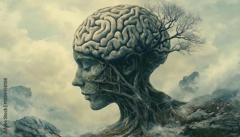 Surreal Art: Tree Brain With Human Head Cape Symbolizing Thinking, Hope, Freedom, And Mind In A Fantasy Landscape Surreal Art: Tree Brain With Human Head Cape Symbolizing Thinking, Hope, Freedom, And Mind In A Fantasy Landscape