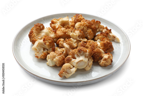 Plate with baked cauliflower on white background