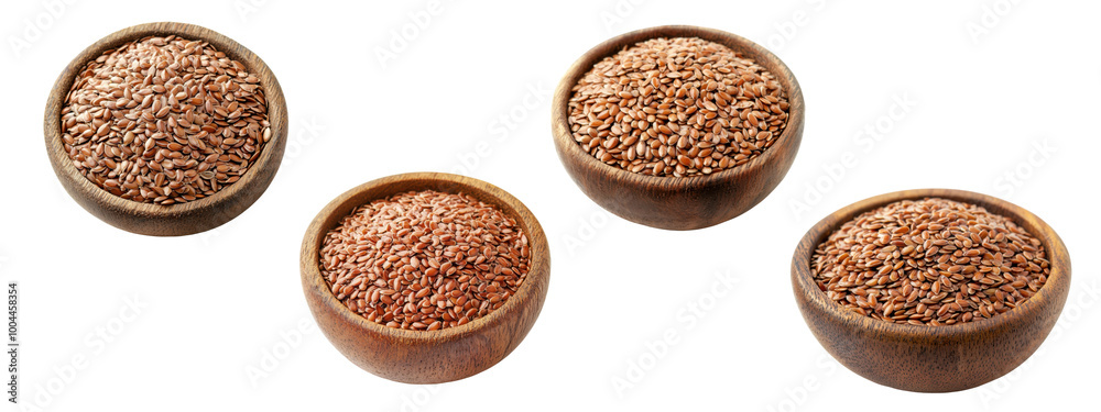 Flaxseed in wooden bowl on white background Flaxseed in wooden bowl on white background