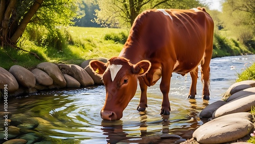 Cow Drinking from a Country Stream offers a picturesque glimpse into the peacefulness of rural life. The cow, calmly standing by a clear, gently flowing stream, captures the essence of natural serenit photo