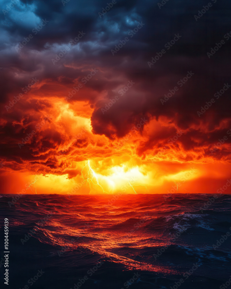 Sun setting behind a line of thunderstorms on the horizon, dramatic weather, contrast of light and dark Sun setting behind a line of thunderstorms on the horizon, dramatic weather, contrast of light and dark