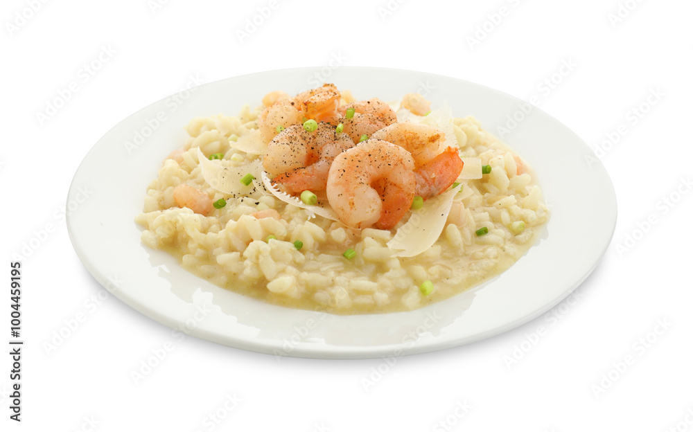 Delicious risotto with shrimps and cheese isolated on white Delicious risotto with shrimps and cheese isolated on white
